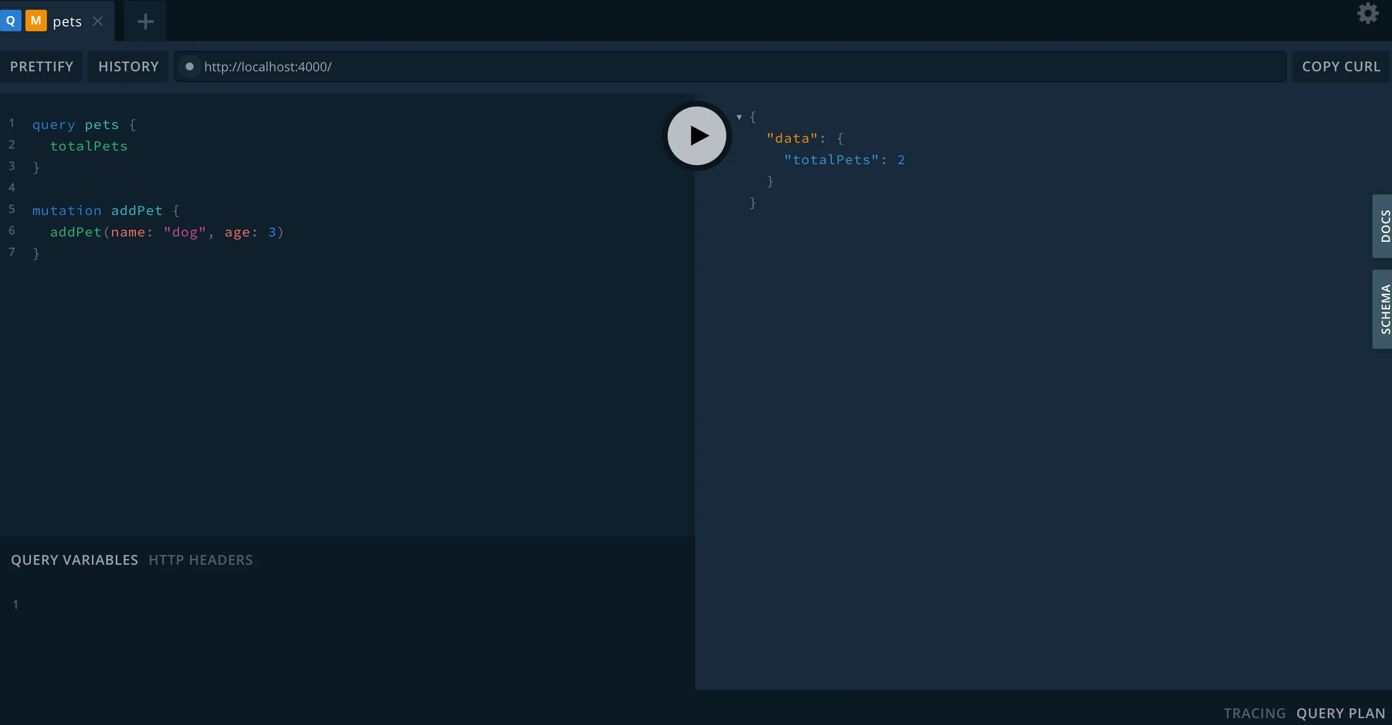GraphQL 플레이그라운드 쿼리 화면