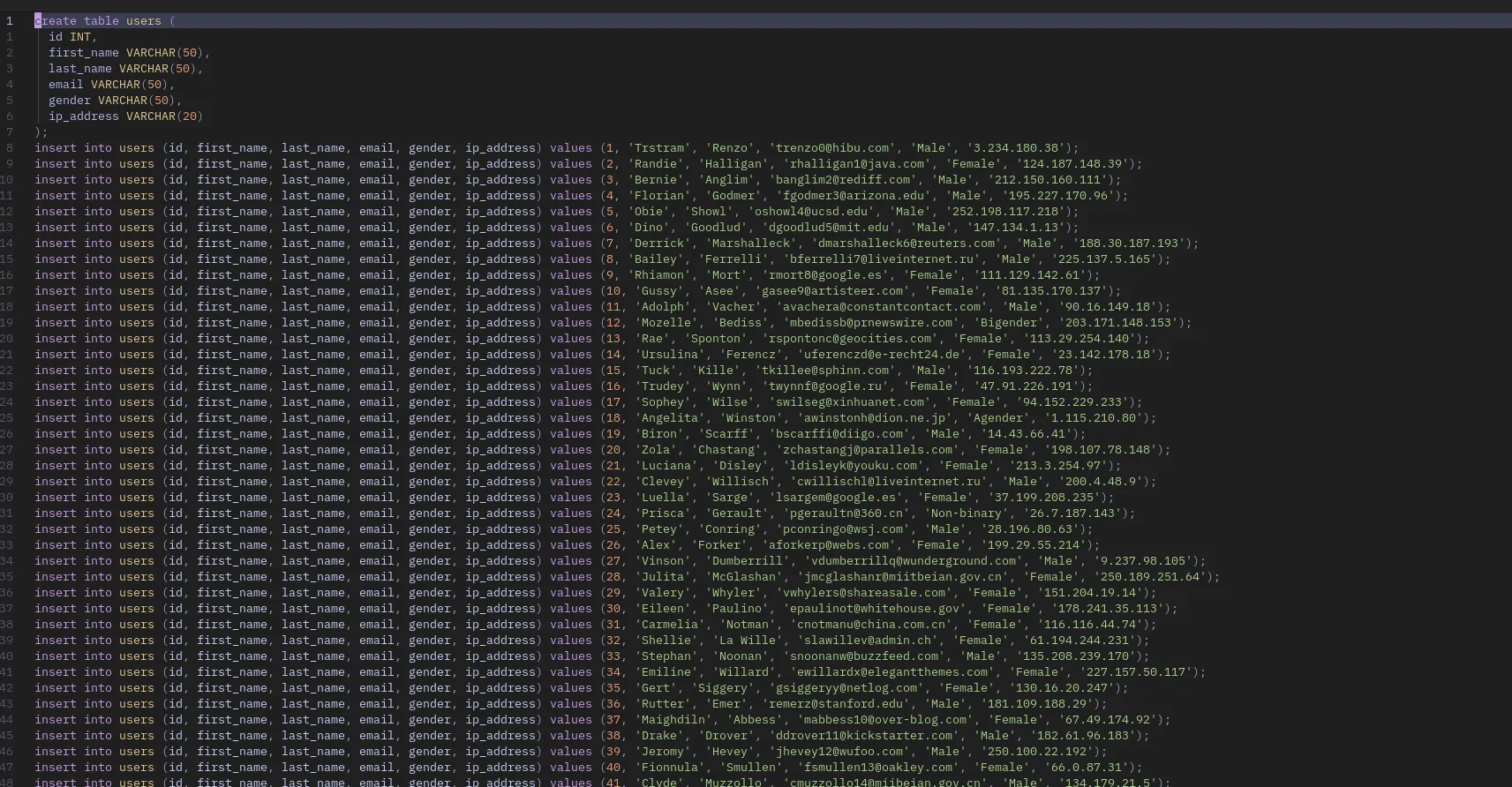 생성된 더미 데이터 SQL 코드