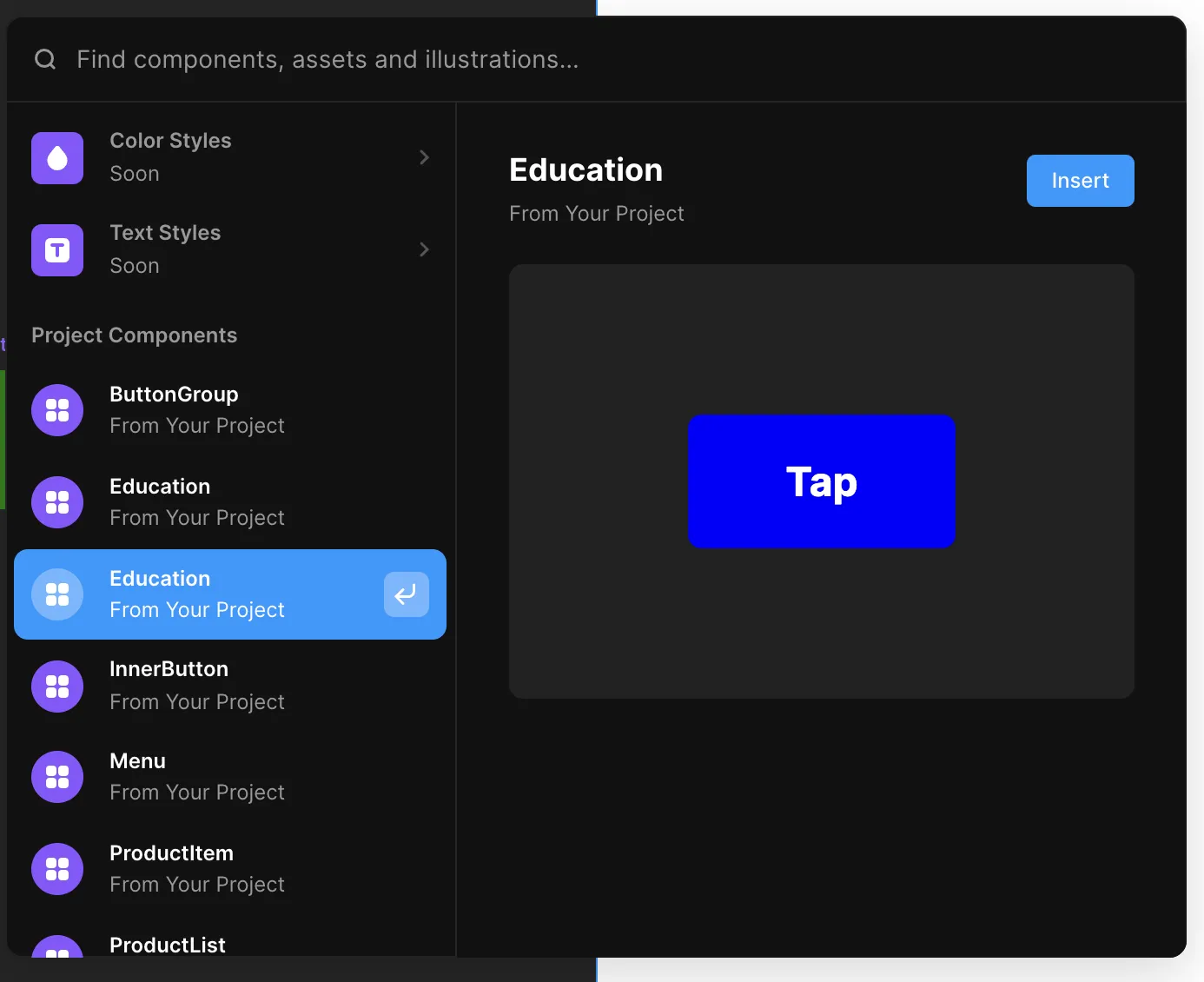 Framer 앱에서 컴포넌트 삽입 화면
