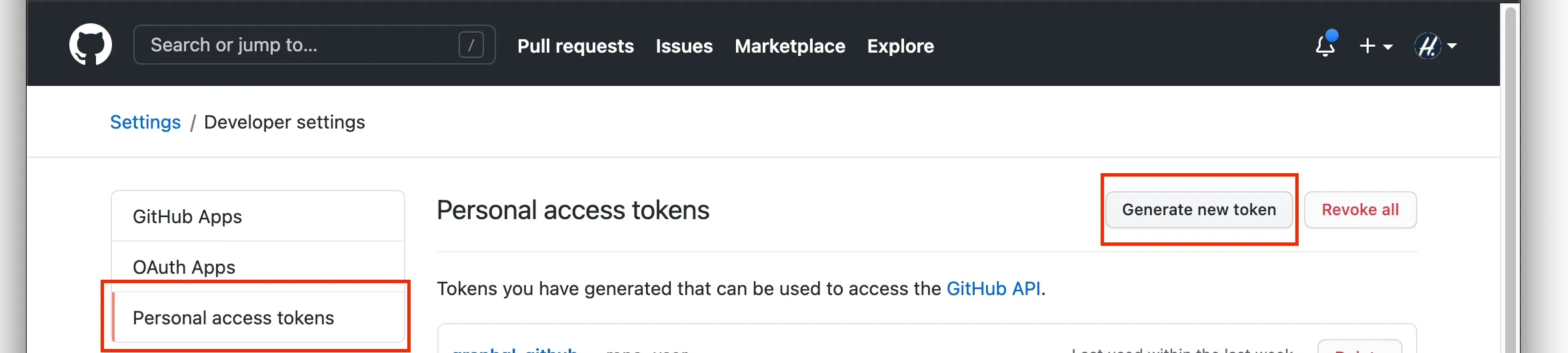 Personal Access Token 생성 페이지 화면